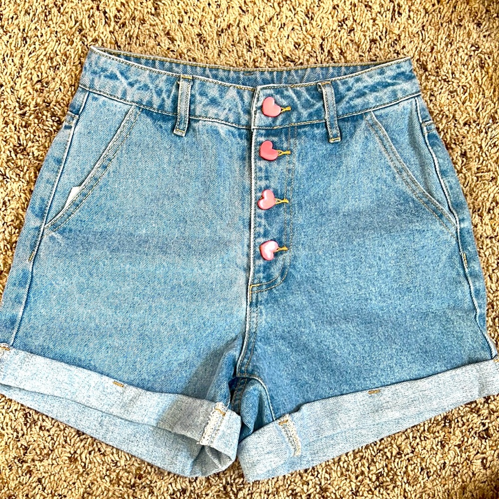 Denim Shorts With Heart Buttons